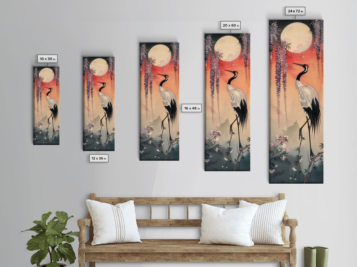 Japanese Crane With Moon And Wisteria - Skinny Art Tall Art Framed Canvas Print Japanese Style Art Ukiyo-e Art