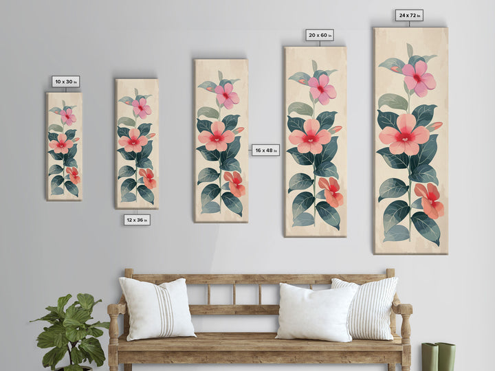 Floral Bouquet With Pink And Red Flowers - Skinny Art Tall Art Framed Canvas Print Japanese Style Art Ukiyo-e Art