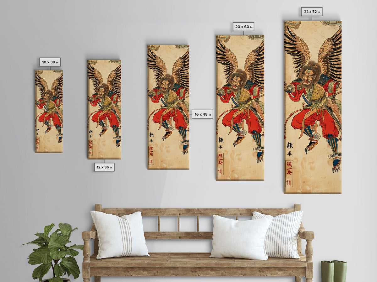 Samurai Warrior With Eagle Wings - Skinny Art Tall Art Framed Canvas Print Japanese Style Art Ukiyo-e Art