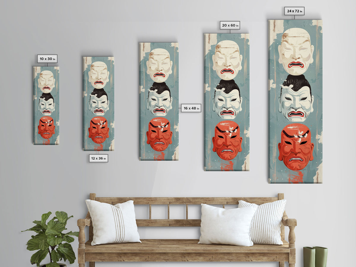 Japanese Masks In A Vertical Display - Skinny Art Tall Art Framed Canvas Print Japanese Style Art Ukiyo-e Art