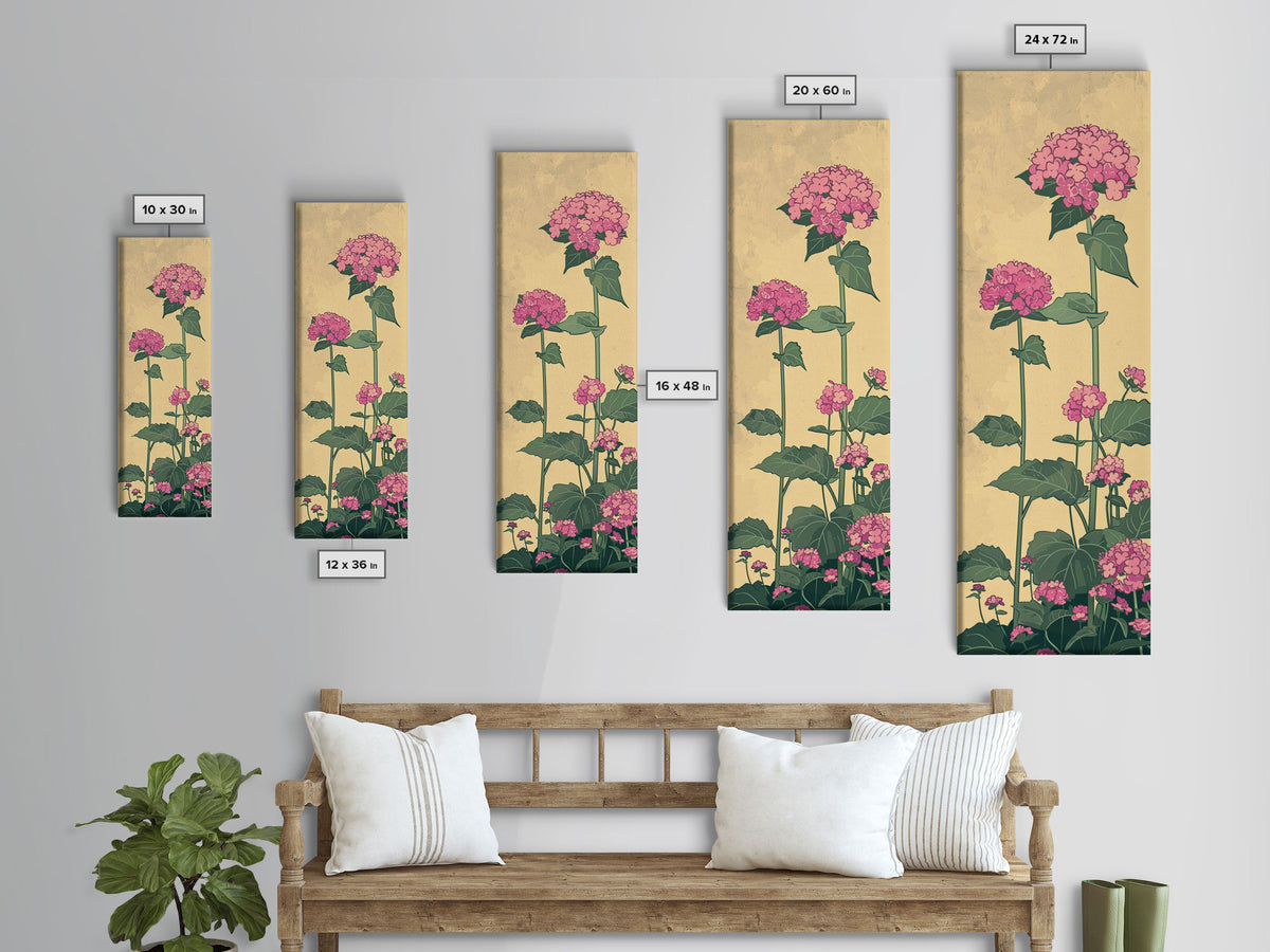 Pink Hydrangea Flowers In Bloom - Skinny Art Tall Art Framed Canvas Print Japanese Style Art Ukiyo-e Art