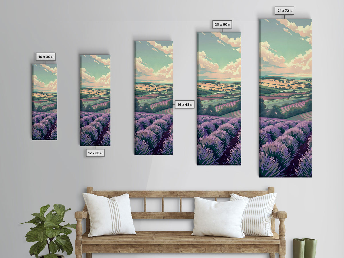 Lavender Fields With Rolling Hills - Skinny Art Tall Art Framed Canvas Print Japanese Style Art Ukiyo-e Art