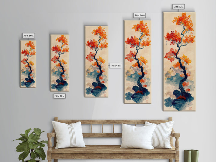 Japanese Maple Tree In Autumn Colors, Ukiyo-e Woodblock Print Style Canvas, Framed Canvas Print, Tall Skinny Japanese Wall Art, Ready To Hang