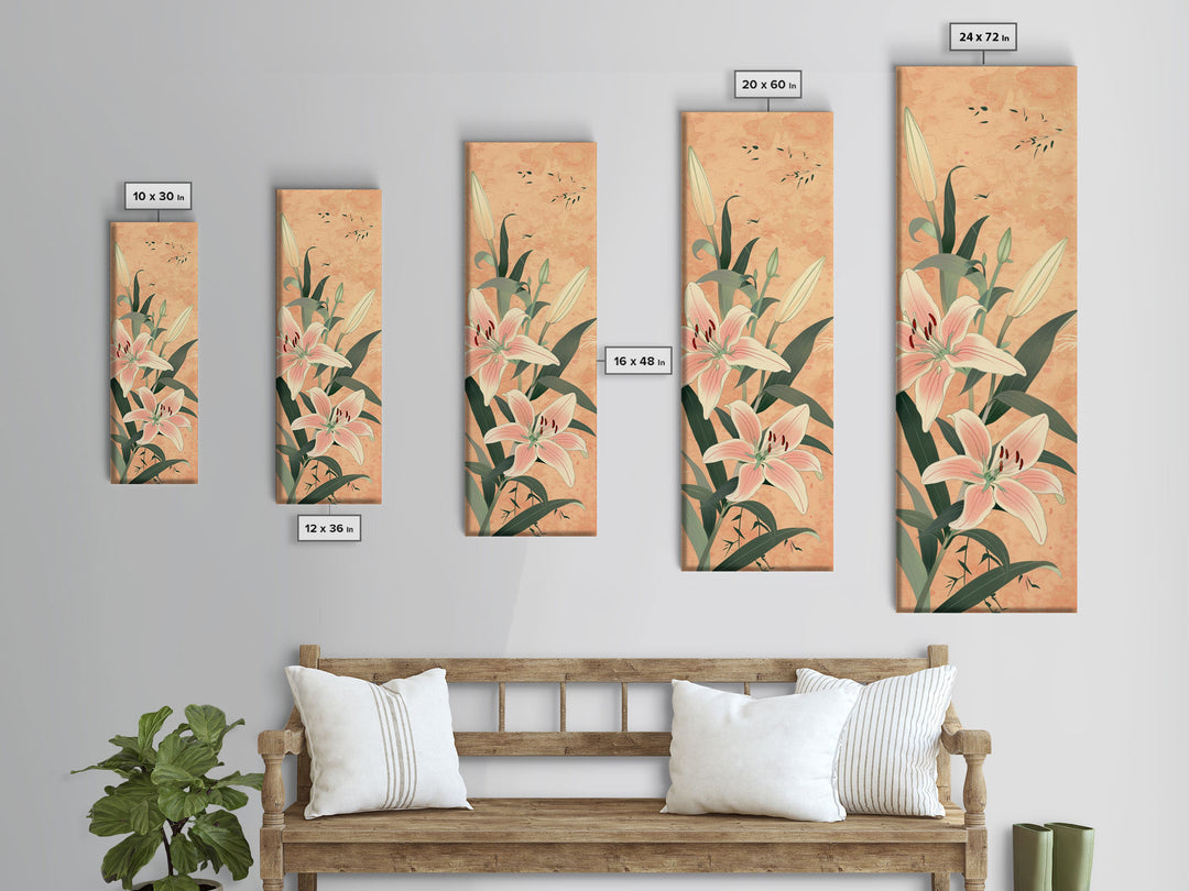 Delicate Lily Flowers Blooming In Japanese Style Ukiyo-e Art Framed Canvas Print Skinny Art Tall Art