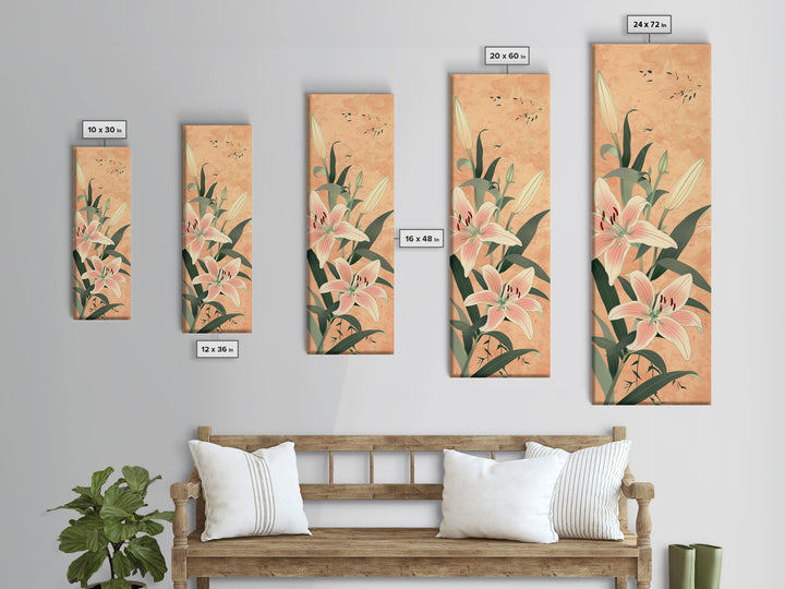 Delicate Lily Flowers Blooming In Japanese Style Ukiyo-e Art Framed Canvas Print Skinny Art Tall Art