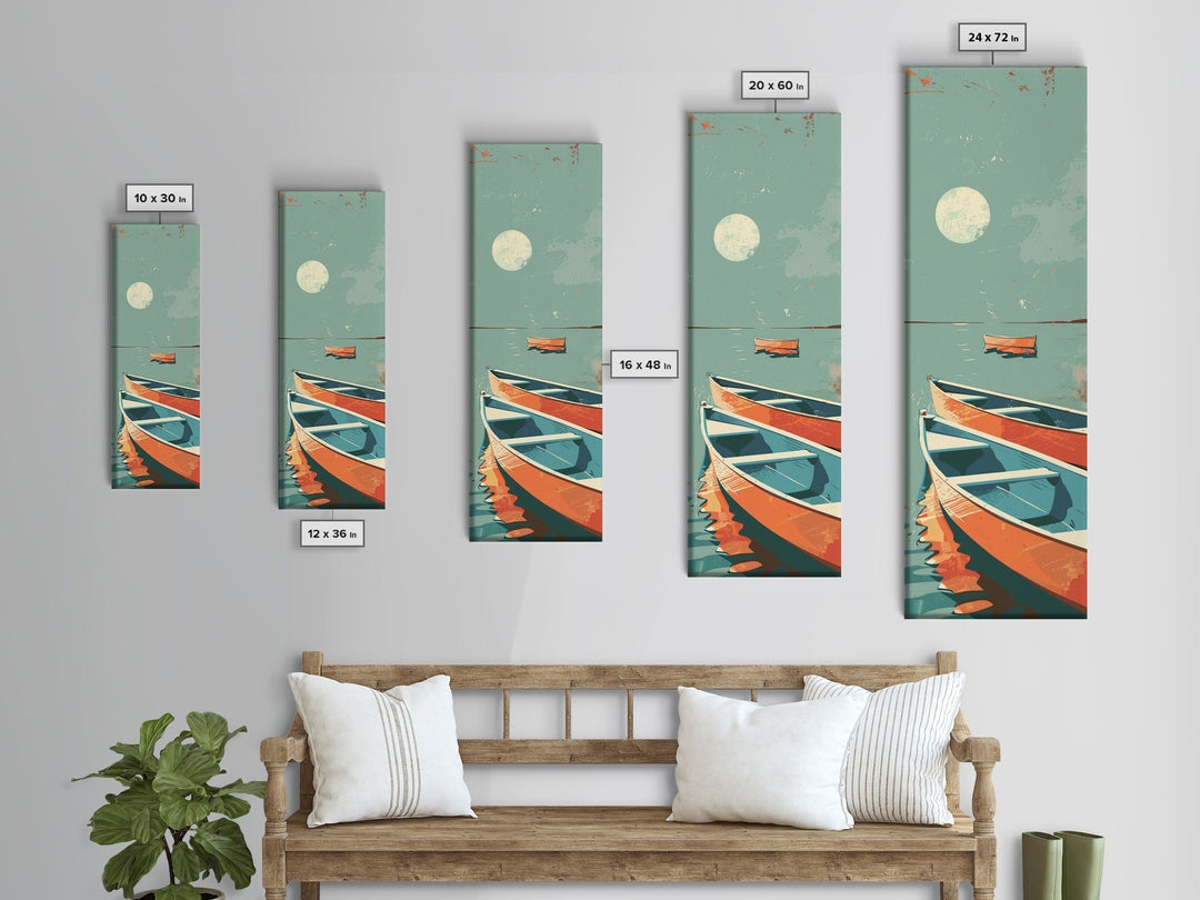 Moonlit Boats Drifting On Calm Waters In Japanese Style Ukiyo-e Art Framed Canvas Print Skinny Art Tall Art
