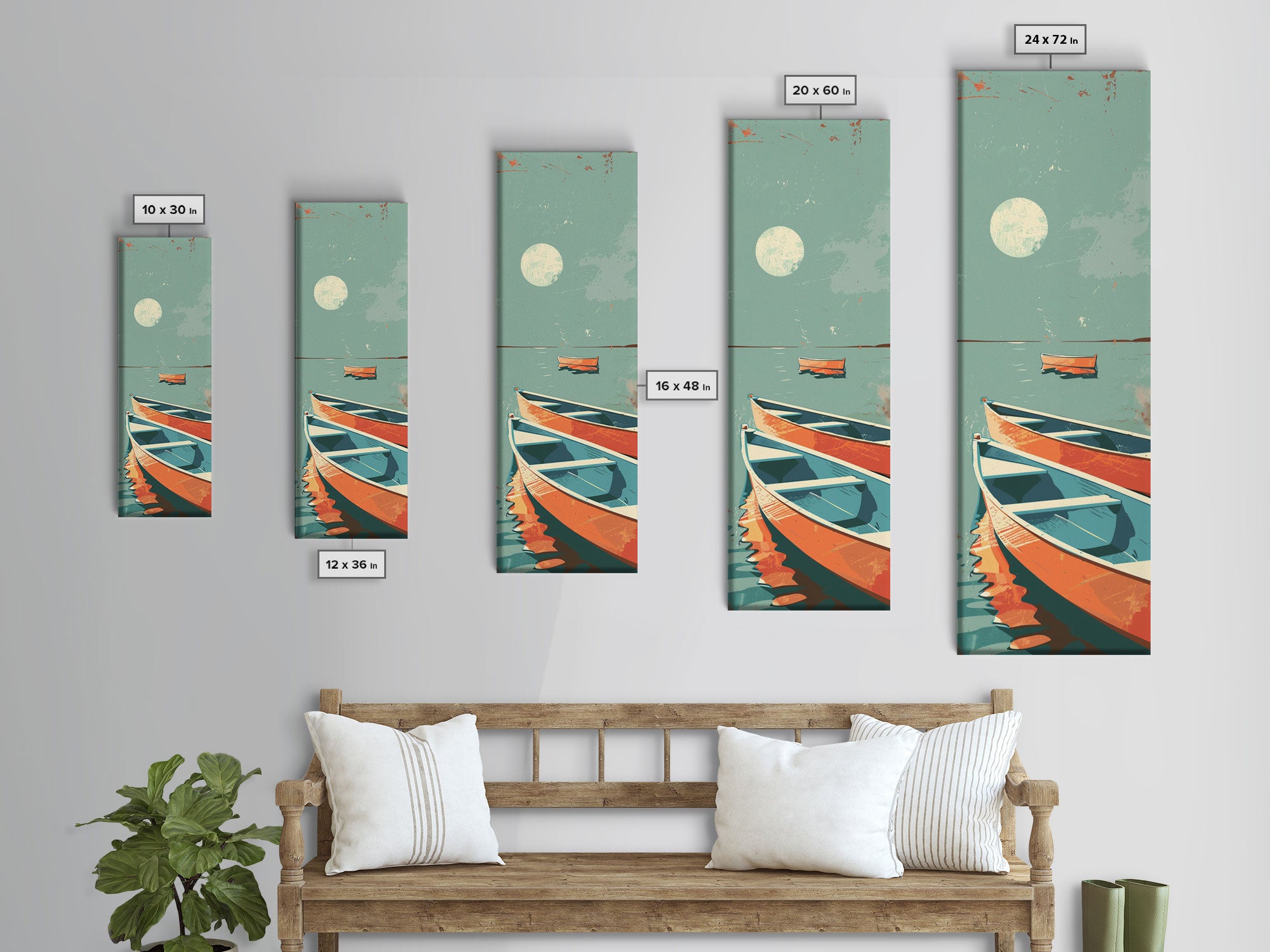 Moonlit Boats Drifting On Calm Waters In Japanese Style Ukiyo-e Art Framed Canvas Print Skinny Art Tall Art