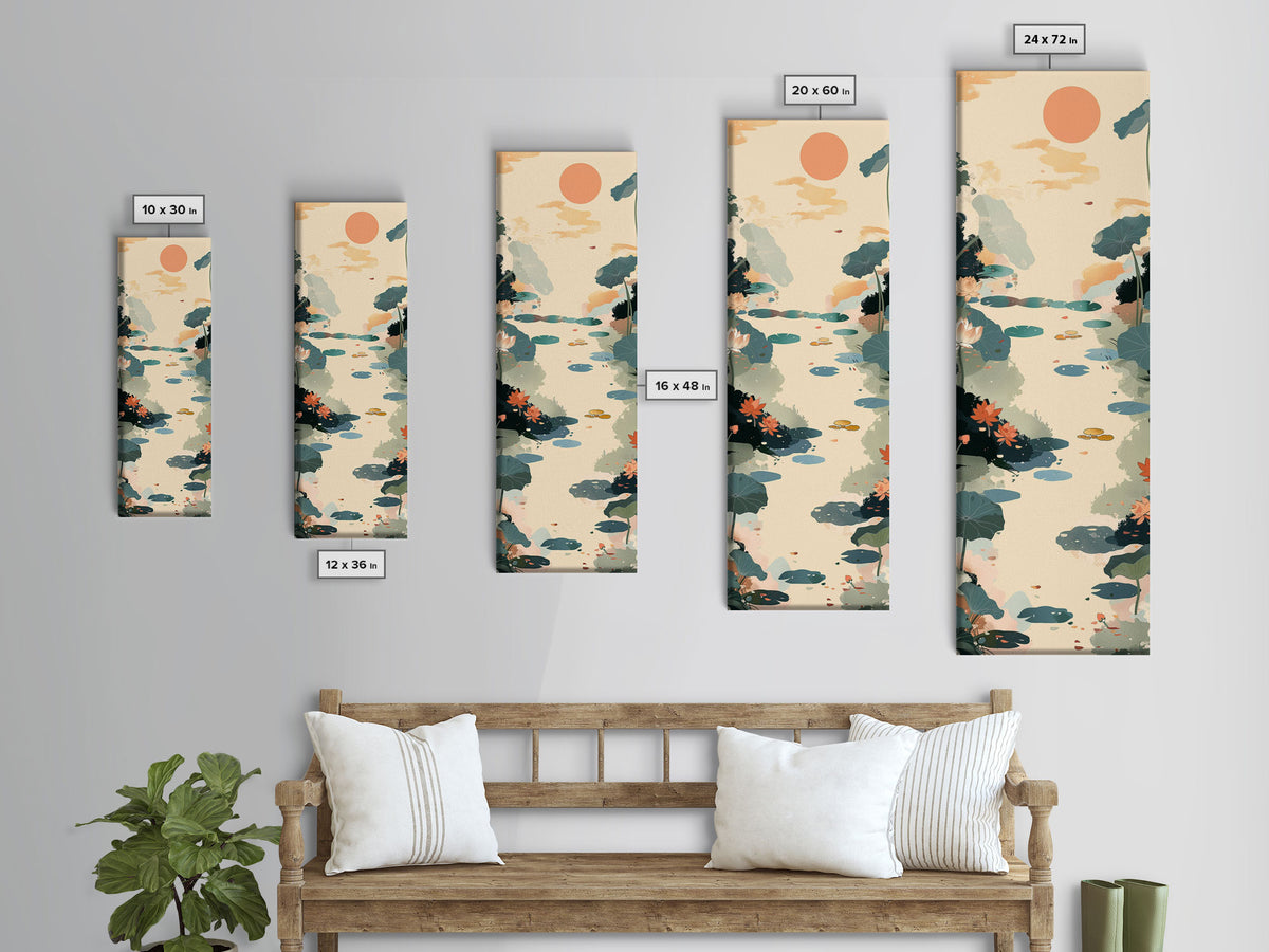 Tranquil Pond With Lotus Flowers And Leaves In Japanese Style Ukiyo-e Art Framed Canvas Print Skinny Art Tall Art