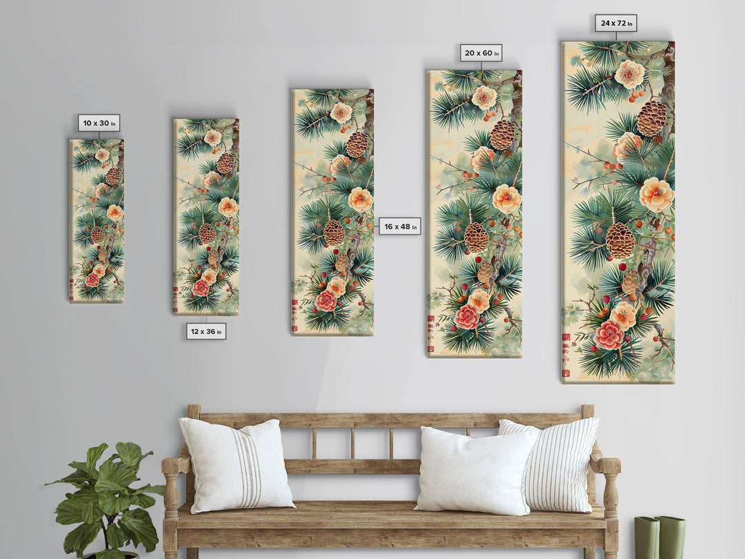 Pine Tree Branches With Blossoms And Pine Cones In Japanese Style Ukiyo-e Art Framed Canvas Print Skinny Art Tall Art