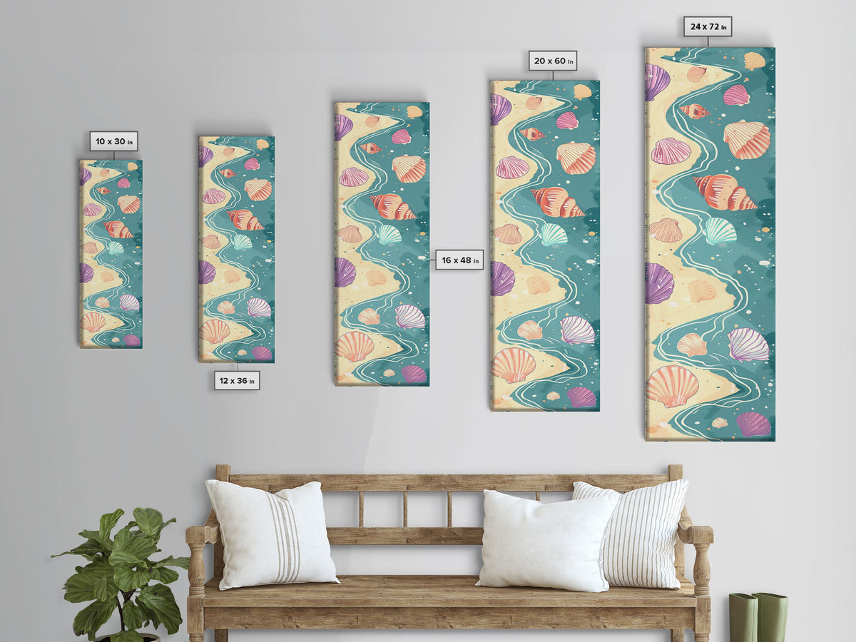 Shells On Shoreline Canvas In Ukiyo-e Style, Japanese Woodblock Print, Framed Canvas Print, Tall Skinny Japanese Wall Art, Ready To Hang