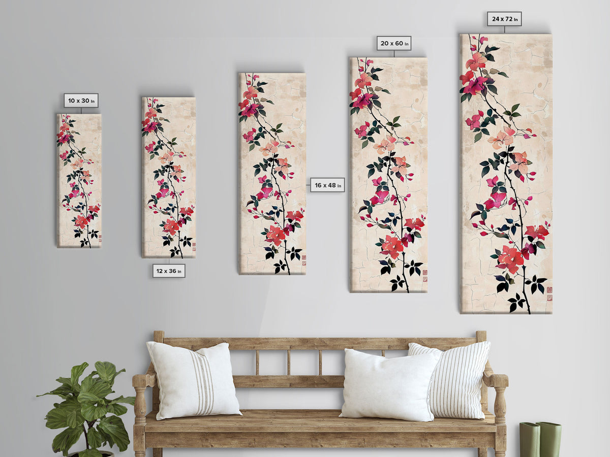 Pink Bougainvillea Vines On White Background Skinny Art Wood Block Print Japanese Style Art Framed Canvas Print Tall Art Ukiyo-e Art