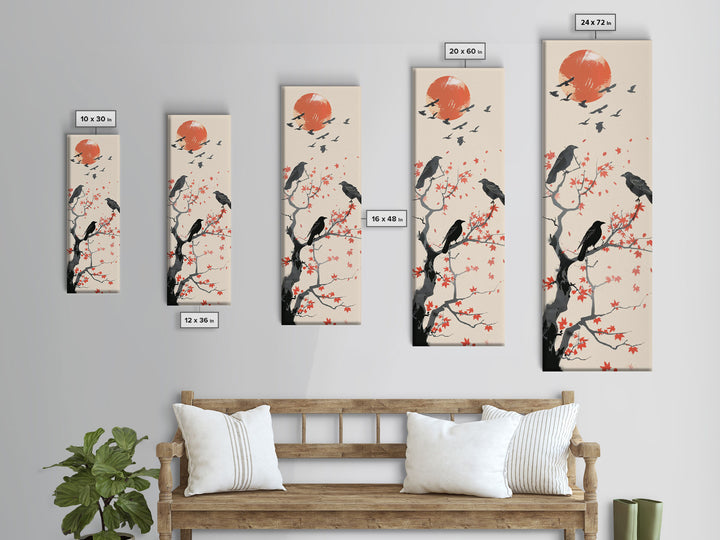 Crows On Bare Tree Branches Against Red Sun Skinny Art Wood Block Print Japanese Style Art Framed Canvas Print Tall Art Ukiyo-e Art