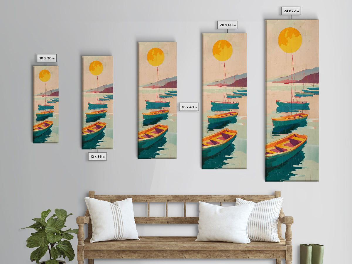 Rowboats And Golden Sun On Calm Water Skinny Art Wood Block Print Japanese Style Art Framed Canvas Print Tall Art Ukiyo-e Art