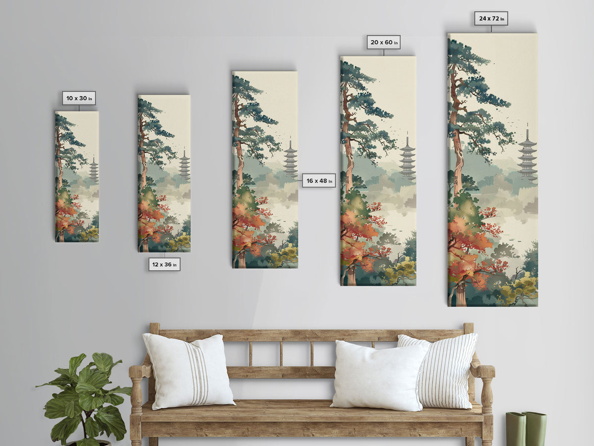 Pagoda And Pine Tree In Misty Landscape Skinny Art Wood Block Print Japanese Style Art Framed Canvas Print Tall Art Ukiyo-e Art