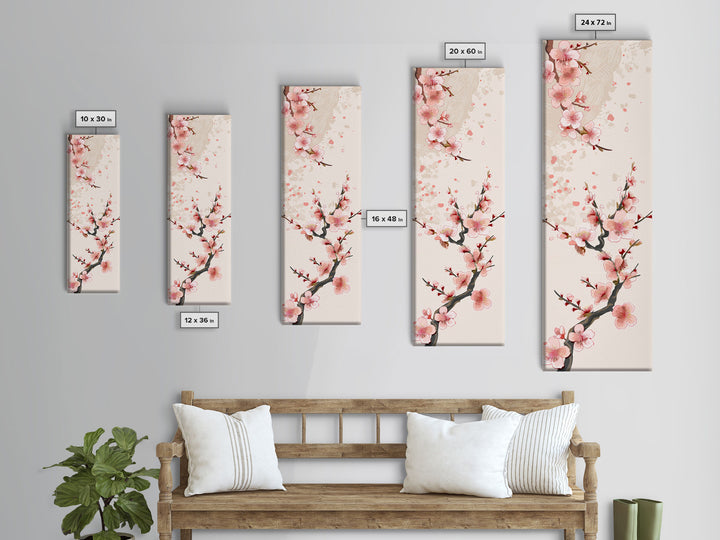 Cherry Blossom Branches On Canvas In Japanese Ukiyo-e Style, Traditional Woodblock Print, Framed Canvas Print, Tall Skinny Japanese Wall Art, Ready To Hang