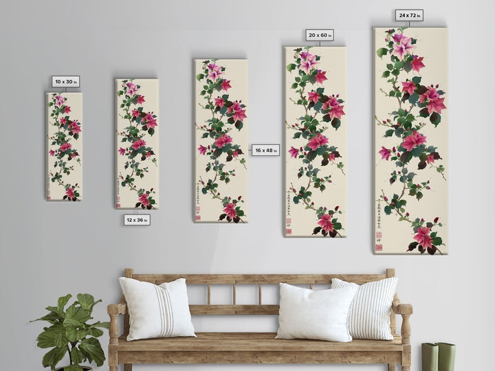 Pink Hibiscus Flowers On Branch Skinny Art Wood Block Print Japanese Style Art Framed Canvas Print Tall Art Ukiyo-e Art