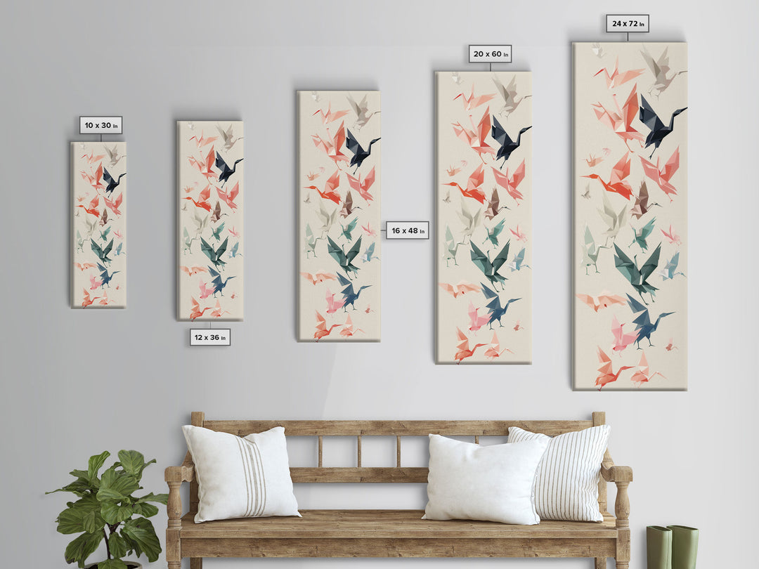 Origami Crane Birds Skinny Art Tall Art Japanese Ukiyo-e Inspired Framed Canvas Print Perfect for Modern Minimalist Spaces
