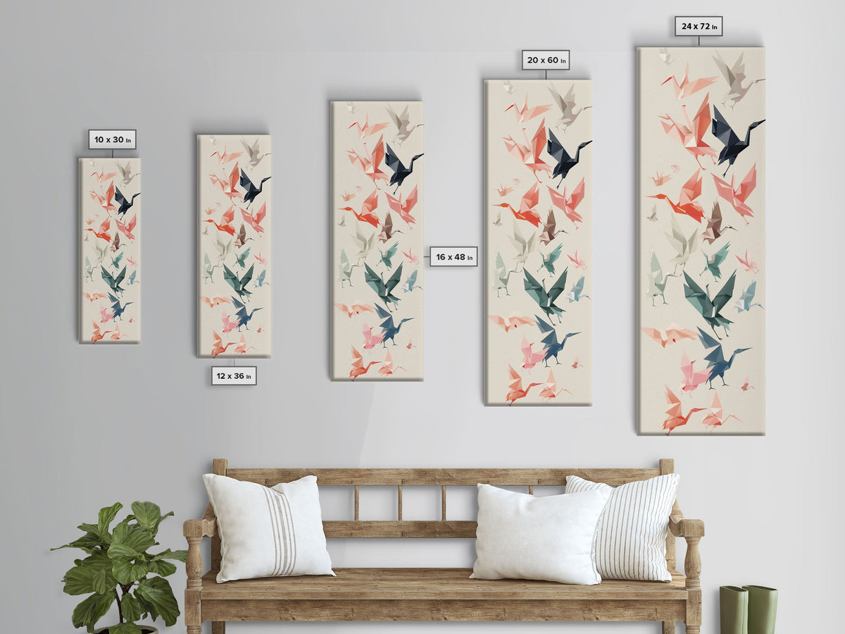 Origami Crane Birds Skinny Art Tall Art Japanese Ukiyo-e Inspired Framed Canvas Print Perfect for Modern Minimalist Spaces