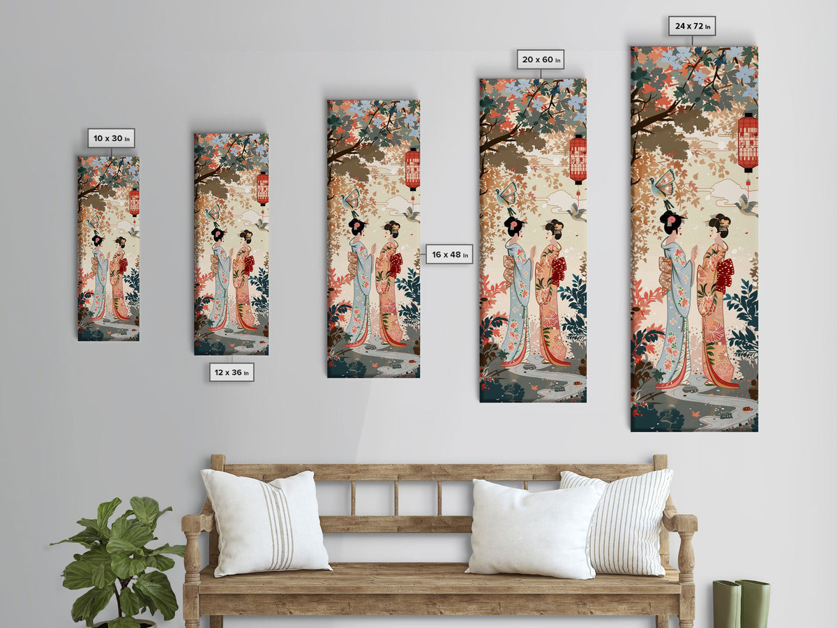 Traditional Geishas Skinny Art Tall Art Japanese Ukiyo-e Inspired Framed Canvas Print for Elegant Home and Office Decor
