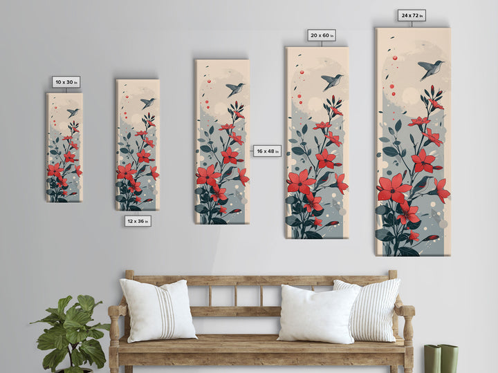 Hummingbird and Red Flowers Skinny Art Tall Art Japanese Ukiyo-e Inspired Nature Framed Canvas Print for Vibrant Interiors