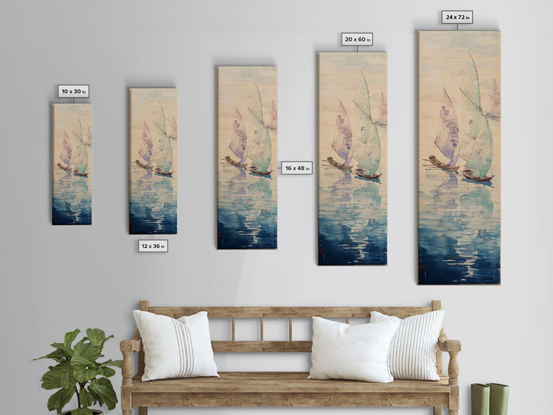 Sailboats On Calm Sea Canvas In Japanese Ukiyo-e Style, Traditional Woodblock Print, Framed Canvas Print, Tall Skinny Japanese Wall Art, Ready To Hang