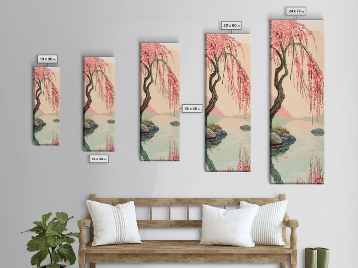 Serene Weeping Cherry Tree with Gentle Reflections in Water - Skinny Art, Japanese Wall Decor, Framed Canvas Print, Ukiyo-e Style