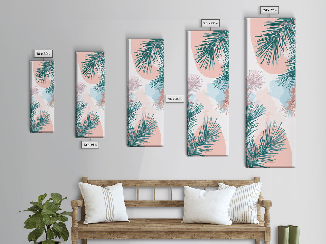 Elegant Pine Branches on Soft Pastel Background - Skinny Art, Japanese Wall Decor, Framed Canvas Print, Ukiyo-e Style