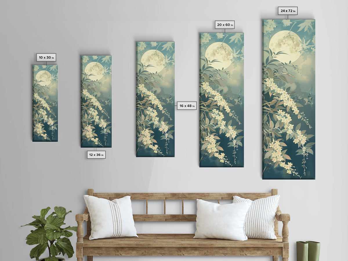 Delicate White Flowers and Full Moon in a Tranquil Night Setting - Skinny Art, Japanese Wall Decor, Framed Canvas Print, Ukiyo-e Style