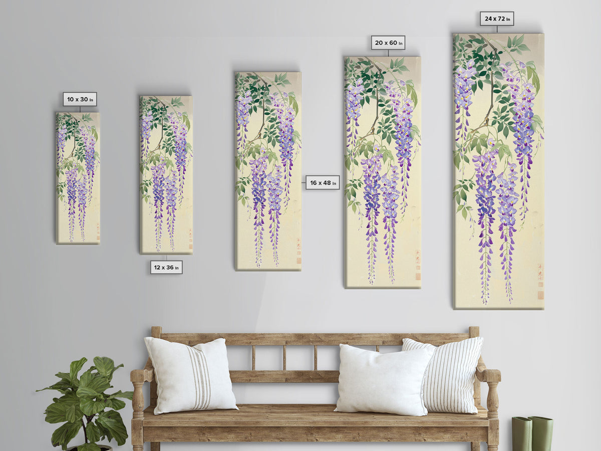 Cascading Wisteria Blossoms in Shades of Purple and Green - Skinny Art, Japanese Wall Decor, Framed Canvas Print, Ukiyo-e Style