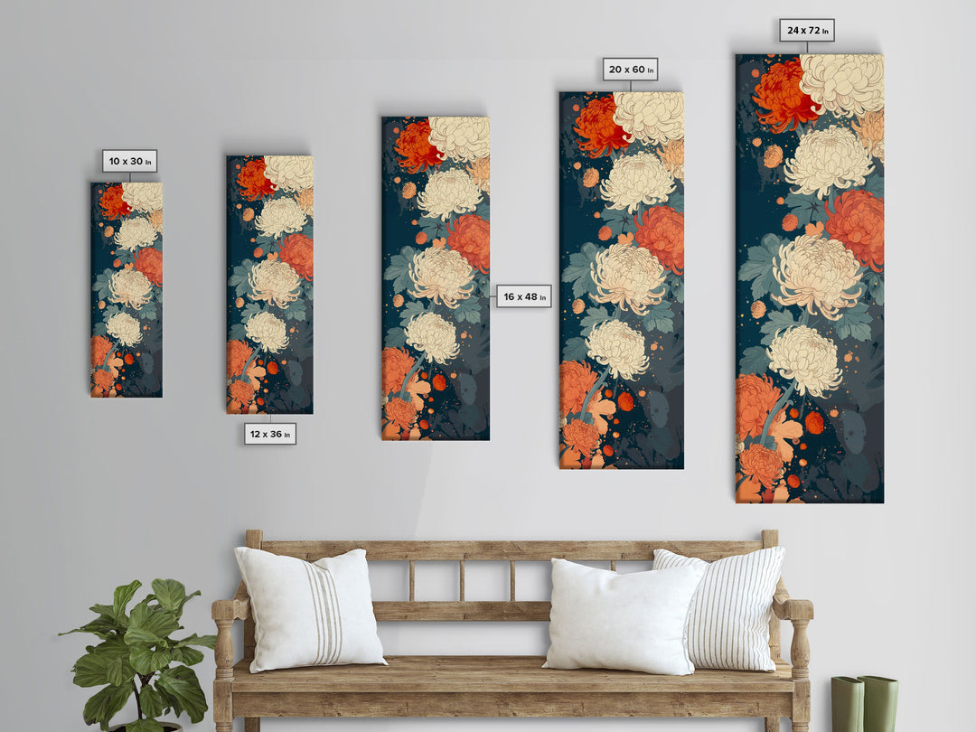 Blooming Chrysanthemums in Rich Autumn Colors - Skinny Art, Japanese Wall Decor, Framed Canvas Print, Ukiyo-e Style