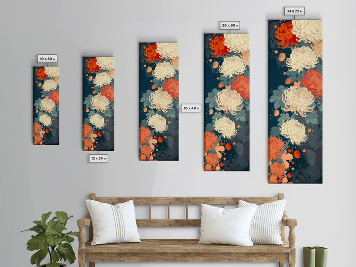 Blooming Chrysanthemums in Rich Autumn Colors - Skinny Art, Japanese Wall Decor, Framed Canvas Print, Ukiyo-e Style