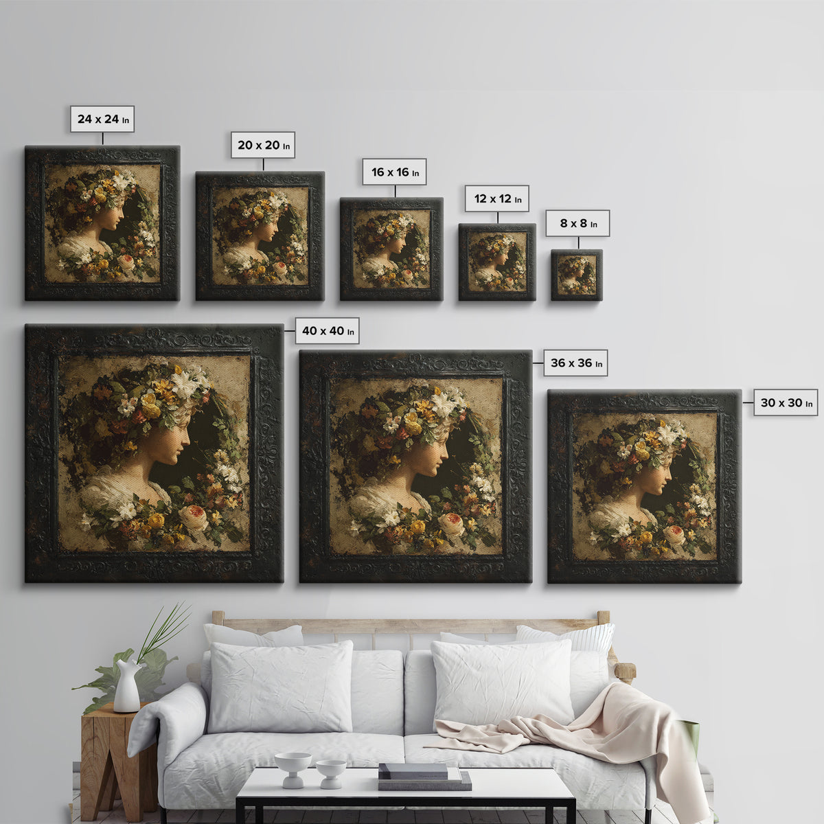 Floral Garland Surrounding a Classical Profile Canvas Print, Renaissanceinspired Art, Unique Wall Art, Living Room Decor, REN-1x1-22