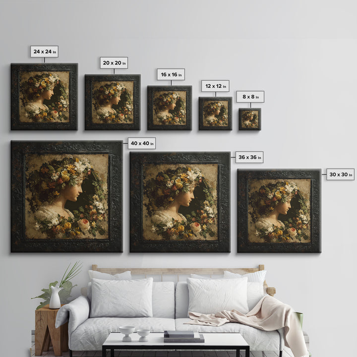 Floral Garland Surrounding a Classical Profile Canvas Print, Renaissanceinspired Art, Unique Wall Art, Living Room Decor, REN-1x1-22