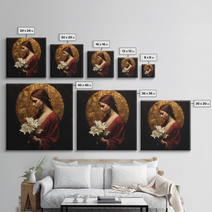 Saint Like Figure Holding White Lilies Framed Canvas Print, Renaissanceinspired Art, Floral Print, Living Room Decor, Classic, REN-1x1-37