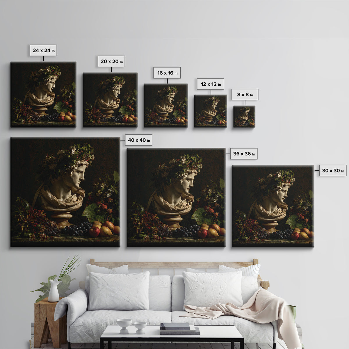 Floral Garland Surrounding a Classical Profile Canvas Print, Renaissanceinspired Art, Botanical Art, Living Room Decor, Classic, REN-1x1-46