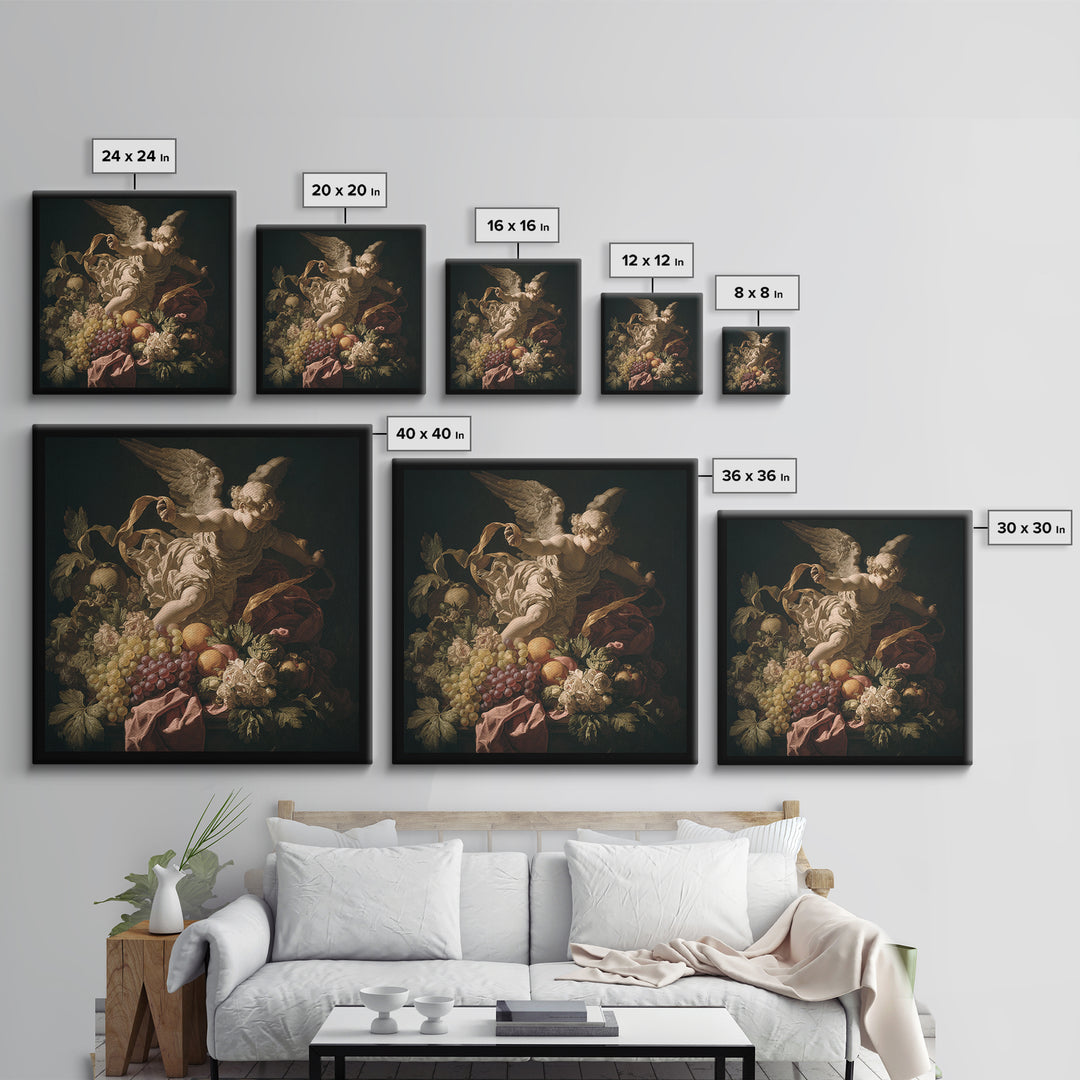 Cherub Holding a Ribbon Among Clouds Framed Canvas Print, Renaissanceinspired Art, Fantasy Decor, Living Room Decor, Classic, REN-1x1-78