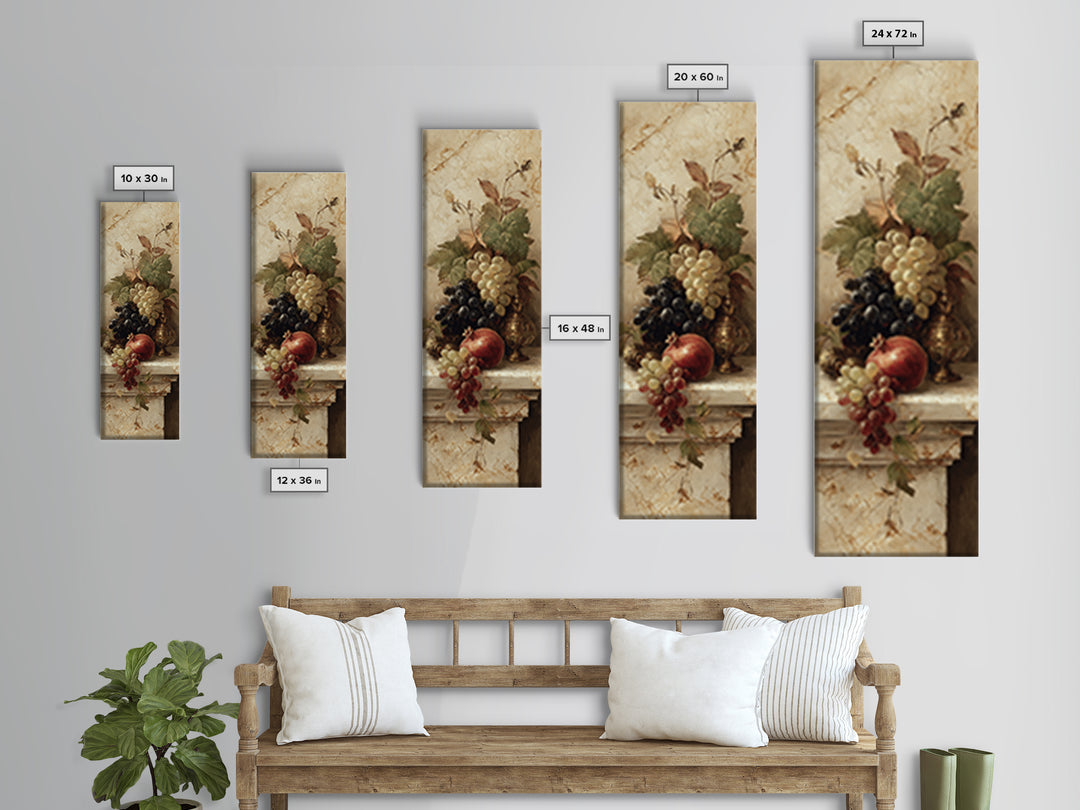 Pomegranate and Grapes on Marble Ledge Framed Canvas Print, Renaissanceinspired Art, Cat Painting, Living Room Decor, Classic, REN-1x3-29
