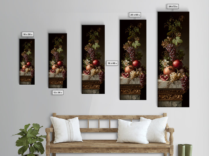 Pomegranate and Grapes on Marble Ledge Canvas Print, Renaissanceinspired Art, Celestial Decor, Living Room Decor, Classic, REN-1x3-5