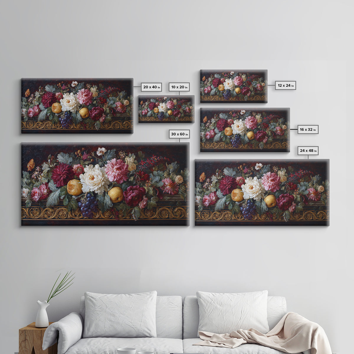 Floral Garland Surrounding a Classical Profile Canvas Print, Renaissanceinspired Art, Home Altar, Living Room Decor, Classic, REN-2x1-18