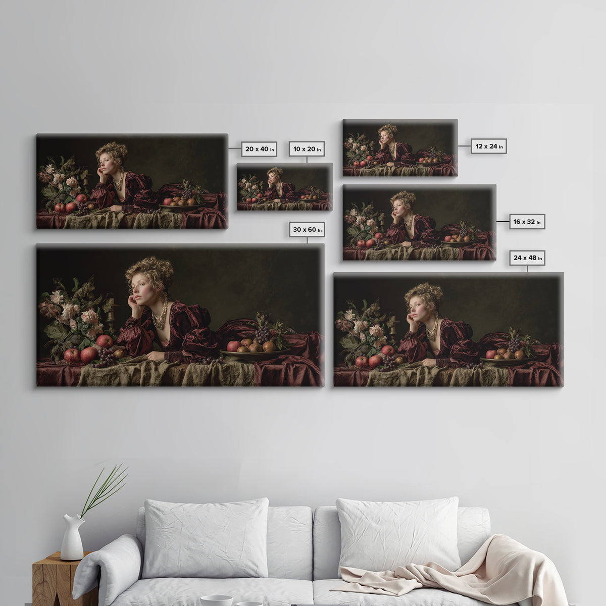 Portrait with Pearl Necklace and Velvet Dress Canvas Print, Renaissanceinspired Art, Boho Decor, Living Room Decor, Classic, REN-2x1-8