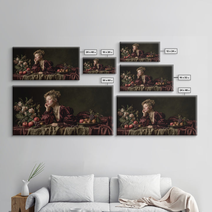 Portrait with Pearl Necklace and Velvet Dress Canvas Print, Renaissanceinspired Art, Boho Decor, Living Room Decor, Classic, REN-2x1-8