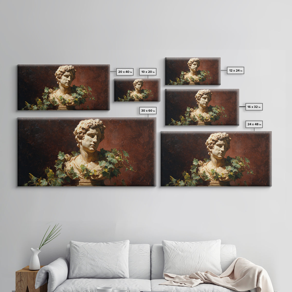 Classical Statue Bust Covered Framed Canvas Print, Renaissanceinspired Art, Botanical Art, Living Room Decor, Fine Art, Classic, REN-2x1-87