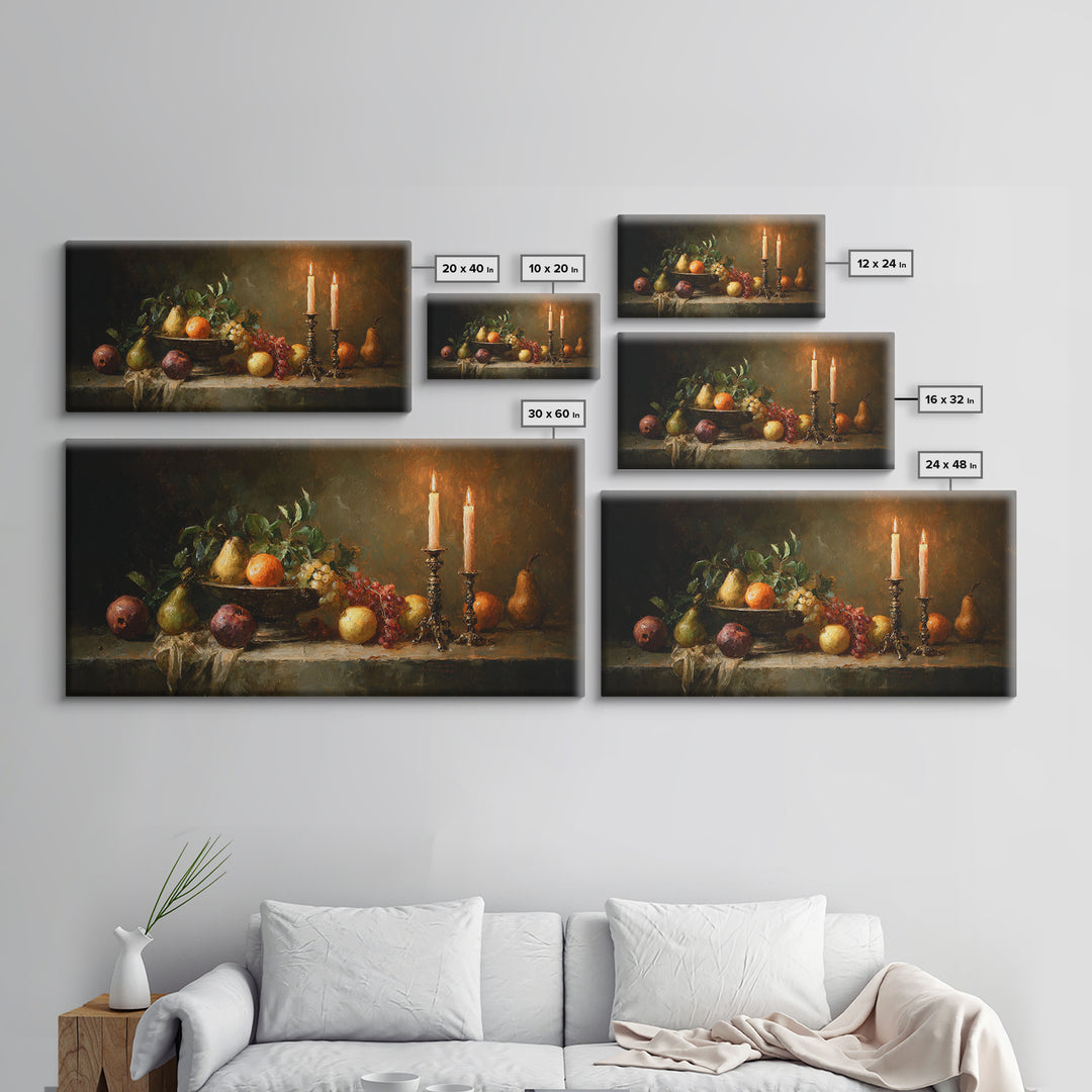 Oil Painted Fruit Still Life on Dark Framed Canvas Print, Renaissanceinspired Art, Fantasy Decor, Living Room Decor, Classic, REN-2x1-95