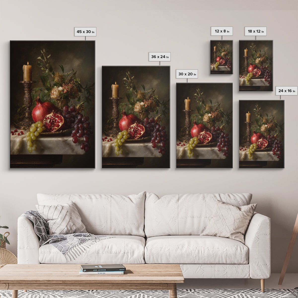 Pomegranate and Grapes on Marble Ledge Framed Canvas Print, Renaissanceinspired Art, Home Decor, Living Room Decor, Classic, REN-2x3-1