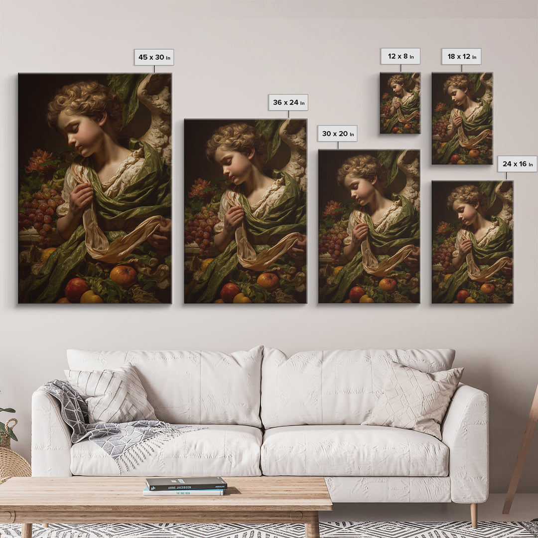 Cherub Holding a Ribbon Among Clouds Canvas Print, Renaissanceinspired Art, Elegant Home Decor, Living Room Decor, Oil Painting, REN-2x3-14