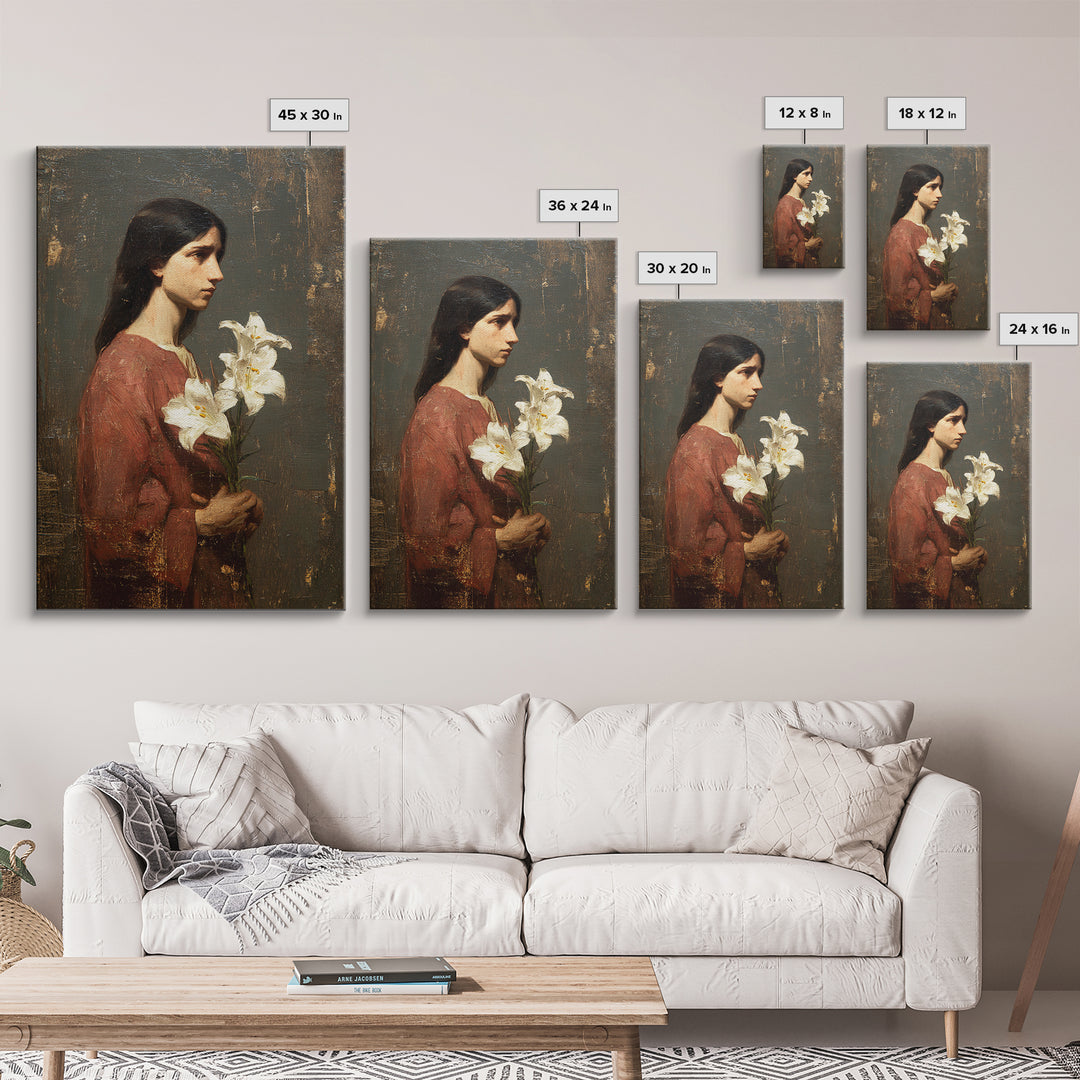 Saint Like Figure Holding White Lilies Framed Canvas Print, Renaissanceinspired Art, Classic Art, Living Room Decor, Classic, REN-2x3-21