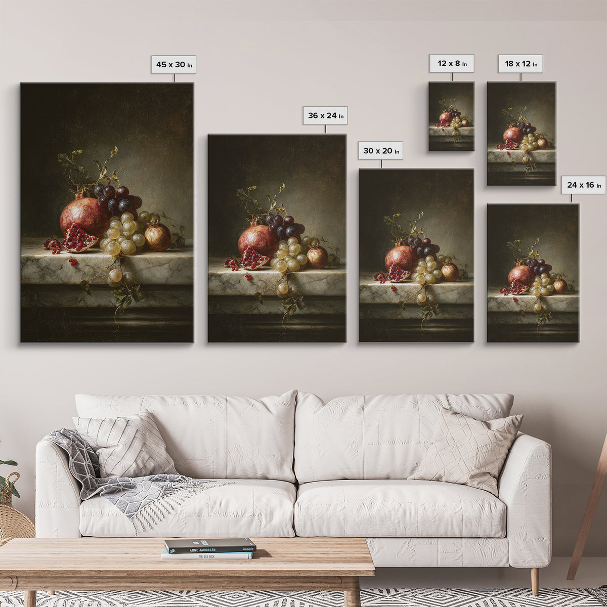 Pomegranate and Grapes on Marble Ledge Canvas Print, Renaissanceinspired Art, Statement Artwork, Living Room Decor, Classic, REN-2x3-49