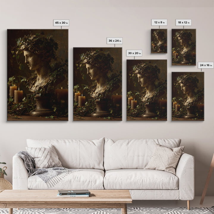 Classical Statue Bust Covered Framed Canvas Print, Renaissanceinspired Art, Floral Print, Living Room Decor, Oil Painting, REN-2x3-51