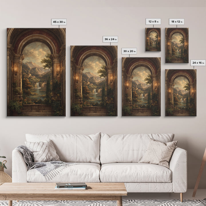 Architectural Arch with Italian Landscape Beyond Canvas Print, Renaissanceinspired Art, Floral Painting, Living Room Decor, REN-2x3-67