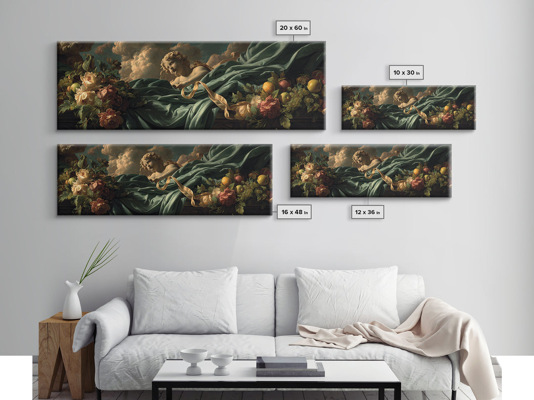Cherub Holding a Ribbon Among Clouds Canvas Print, Renaissanceinspired Art, Elegant Home Decor, Living Room Decor, Oil Painting, REN-3x1-70